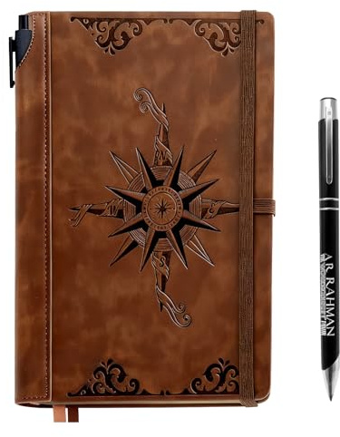 CECOMBINE A5 Leather Notebook Journal for Men, 200 Pages Lined Compass Journal for Writing, Includes Pen in a Unique Pen Holder, Leather Notebook for Travel Office Daily Writing, Brown