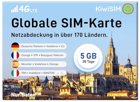 KiwiSim Prepaid SIM Karte - 4G LTE & Globale Nutzung in 170 Ländern/Regionen | Kompatibel mit Telefónica, O₂, Vodafone | Für Smartphones, Hotspots u.a. Geräten (5GB30Tage)