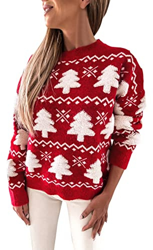 Générique Pull Noël Femme Oversize Pull de Noel Femme Pulls Norvégien Manches Longues Col Rond Rigolo Noel Pulls Christmas Sweatshirt Pullover Jacquard Hiver Motif Renne Sweat (4-Red, L)