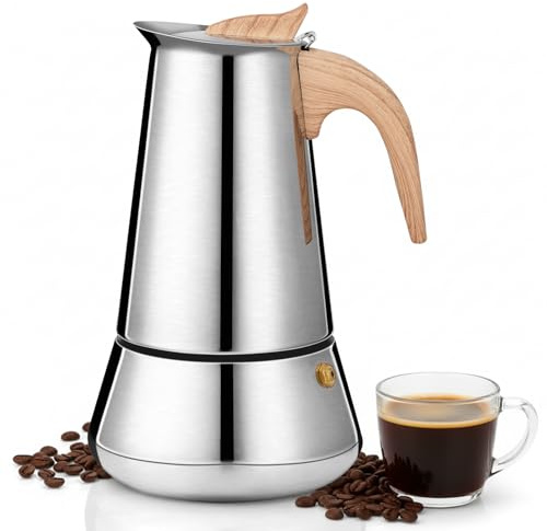 VINATO Cafetera Italiana 6 Tazas Moka Acero Inox para Inducción & Todas Cocinas, para Café Aromático en Casa y Exteriores