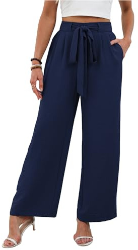 Tolaler Pantalones Mujer Verano Anchos Casual Largo Pantalon Cintura Alta Elástico con Bolsillos Cómodos Fluido Elegante