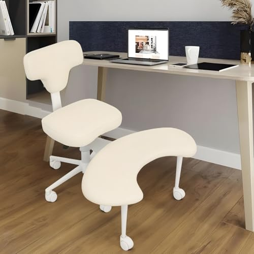 Meditationsstuhl für mehrere Sitzpositionen, Schneidersitz Stuhl mit Lendenwirbelstütze und Rollen, Höhenverstellbar & 360° drehbar, Ergonomischer Bürostuhl, Schreibtischstuhl (Kunstleder, Weiß)