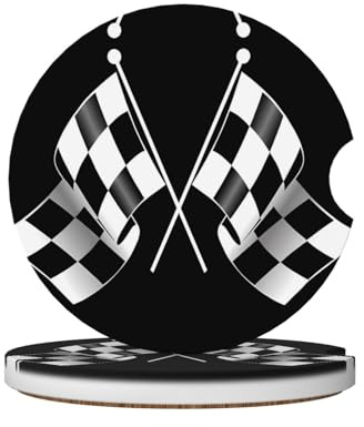 Set di sottobicchieri in ceramica da 6,5 cm, motivo a scacchi, motivo con bandiera a scacchi, colore bianco e nero, adatti per portabicchieri