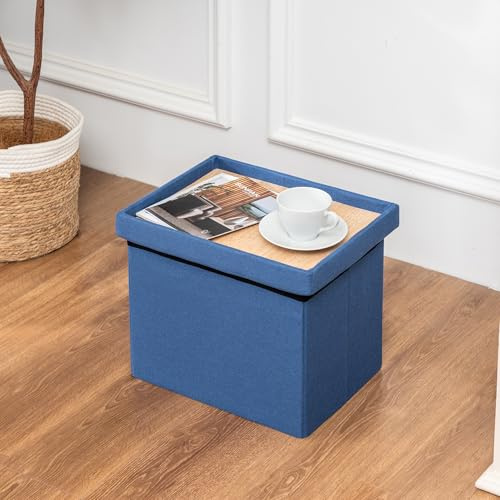 Asense Small Storage Ottoman, Foldable Linen Footstool, 16.3, Blue | Compact linen storage ottoman with padded seat, hidden storage, and foldable design for everyday