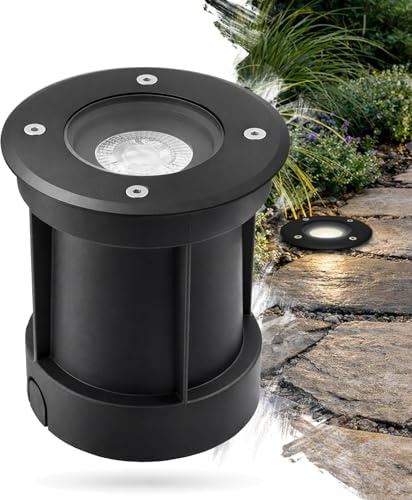 trendlights24 Tierra IP67 LED Bodeneinbauleuchte Schwarz 230V schwenkbar 6W | rund, 1 Lichtaustritt, Warmweiß, 3000k, GU10, Spot, austauschbar, Wegeleuchte, befahrbar, Bodenspot, Außenbereich, außen