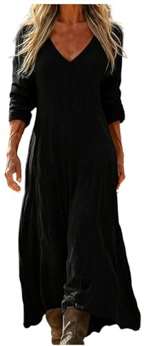 Vestito Lungo Donna Estivo Lino e Cotone Boho Chic Abito Maxi Vintage Scollo a V Manica 3/4 Etnico con Tasche per Mare Spiaggia Vacanza Taglie Forti Comodo Elegante Moda 2026