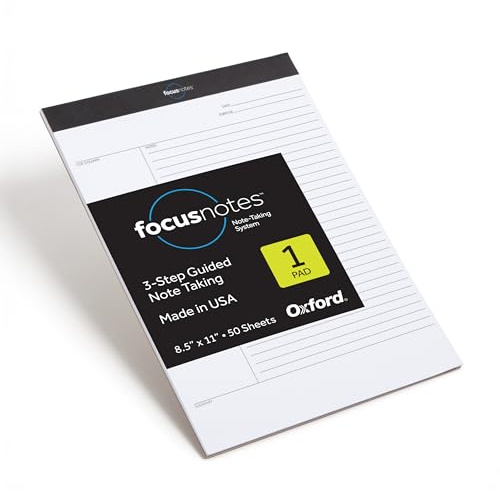 Oxford FocusNotes Writing Pad, Clear Note-Taking System, 8.5 x 11 Sheets, Guided Note, Cue & Summary Sections, 50 Sheets, Professional School and Office Notepad, Proudly Made in the USA