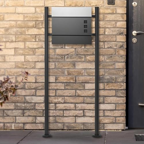 ECD Germany Standbriefkasten mit Zeitungsfach, Design Briefkasten mit Pfosten, Briefkastenständer Anthrazit 120cm Postkasten Anthrazit/Silber 37x10,5x36,5cm Edelstahl pulverbeschichtet/matt gebürstet