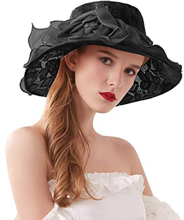 Damen Organza Hut Elegante Sommer Sonnenschutz Kappe Frauen Cap Temperament Retro Damenhut Mesh Melone Damenmütze mit abnehmbaren Blumen Rüschenhut faltbarer Hut für Reisen Urlaub Hochzeit Kirche