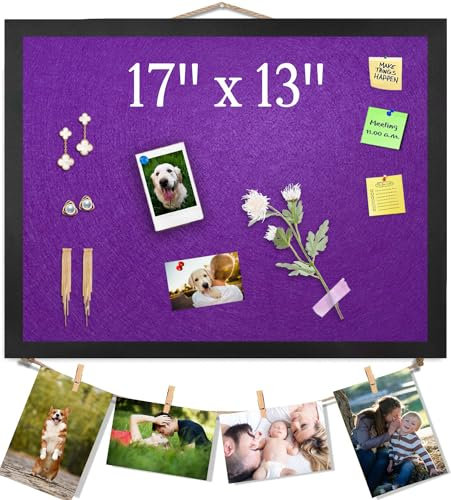 Lila anslagstavla korkbrädor med filt, 43 cm x 33 cm liten display pinbräda visionstavla för väggar, smycken, anteckningar, samling, foton, kontor, träram (svart) och filt (lila), 1 st