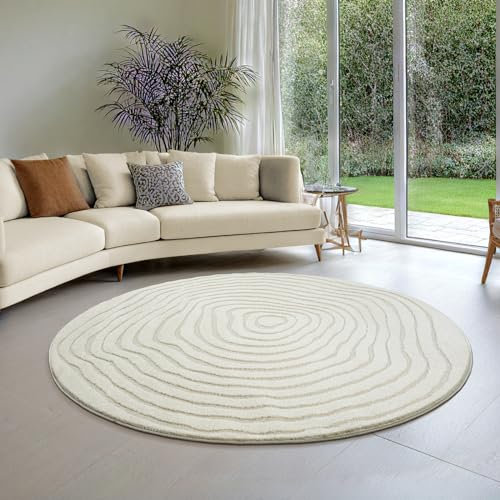 The Carpet Everest Modern Short Pile Rug Living Room Bedroom with High-Low Effect, 3D Effect, High Pile Density and Pleasantly Soft, Cream, 63 inches Round