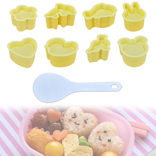 CAREDGO Onigiri Maker Set, 8Pcs Rice Ball Mold Reisbällchen Form Onigiri Form Maker Kit aus Kunststoff in 8 Form Onigiri Tierform Sushi Onigiri Mold mit Reislöffel Reisbällchen Maker Form zum Kochen