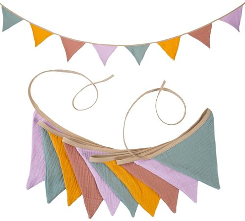 Fonyiunce Kinderzimmer-Wimpelkette,Musselin Baumwolle Stoff Wimpelkette,Girlande Kinderzimmer Deko zum Aufhängen,Hausbett Deko Mädchen & Jungen,Wanddeko Geschenk,Babyzimmer Dekoration (1PCS)