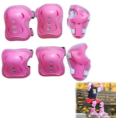 Knieschoner Kinder, Schutzausrüstung Set, für Skateboard, Inlineskates, Hoverboard, Fahrrad, Knieschützer und Ellenbogenschoner mit Handgelenkschützern 6 in 1, für 3-12 Jahre alte Kleinkinder, Rosa