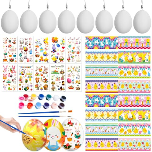 45PCS Ostereier zum Bemalen, Ostern Basteln, Ostereier Deko, Plastikeier, 0sterdeko Selber Machen, mit Weiße Plastik Lanyards Farbige Stifte Sticker