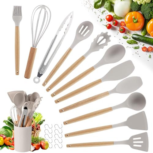 Utensilios De Cocina Silicona - Set De Utensilios Cocina 22 Piezas - Paletas Cocina, Espatulas Silicona Cocina - Cosas De Cocina - Juego De Cocina - Incluye 10 Ganchos (Caqui)
