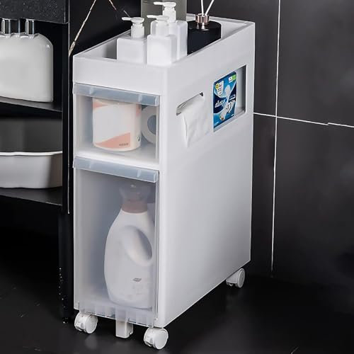 MEWVABKW Lagerschrank stapelbare Lagerschubladen Badezimmer-Lagerschrank Schmaler freistehender Toilettenpapier-Lagerschrank, 2/3/4 durchsichtige Schubladen und Rollen Schmaler Lagerschrank Wasserdi