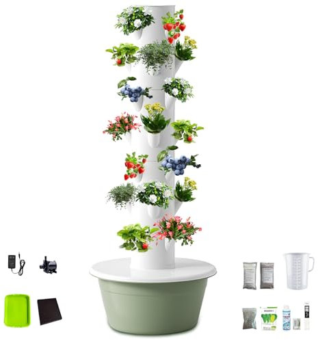 CIELOBLOEN Colonne de Jardin Multifonction 5/7/9 Niveaux, Tour Aéroponique pour Cultiver Fraises et Herbes avec Réservoir Mobile et Design Modulable,7-Layers-Green