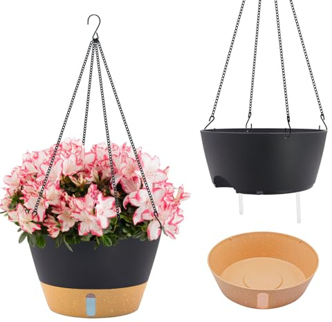 ZMTECH Vasi Sospesi Auto-irriganti 30cm, Set di 2, con Sottovaso, Indicatore di Livello Acqua e Fori di Drenaggio per Piante da Interno ed Esterno, Grigio Scuro