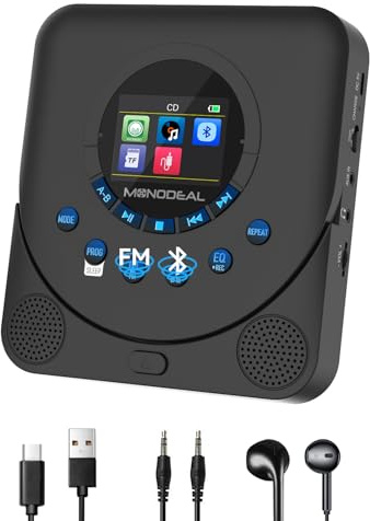 MONODEAL CD Player Tragbar mit TFT Display und Sleep Timer, Integriertes FM-Radio, 2025 Tragbarer CD Player Bluetooth, Wiederaufladbar Discman CD Player mit Lautsprecher und FM Transmitter, Anti-Skip