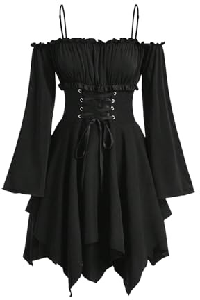 SweatyRocks Gothic Kleid Damen Langarm Herbstkleid Mit Korsett Minikleid Off Shoulder Kleid A Linie Mittelalter Kleidung Festival Outfit Schwarz S