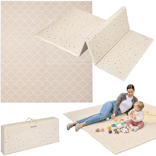 LIONELO Zora Lekmatta 180×201 cm – Tjock XPE Skummatta 1,5 cm med 6 Bitar, Vändbar Luktfri & Vattentät Babymatta, Halkfri och Slitstark Krypmatta för Barn 0+, Hopfällbar med Bärväska, Beige