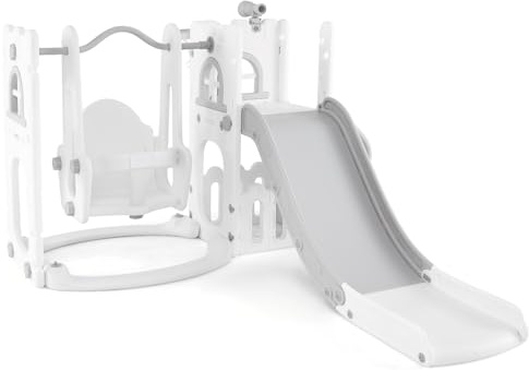Maxmass Toddler Slide and Swing Set, Children Playground Playset with Basketball Hoop, Long Slide and Climb Ladder, Indoor Kids Play Area for Boys Girls (White+Grey, 142x165x85cm)