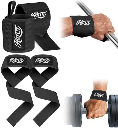 HOTUT Handgelenk Bandagen + Zughilfen Krafttraining Set(2 Paar),Profi Lifting Straps für Frauen und Männer,Zughilfen für Krafttraining,Bodybuilding,Gewichtheben,Gym,Kraftsport,Fitness