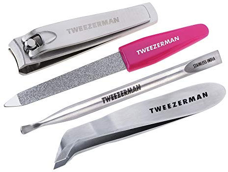 TWEEZERMAN Maniküre Pediküre (4 teilig, Mini Notfall Set, Reiseset für jede Handtasche, mit Nagelknipser & Nagelfeile), Rosa