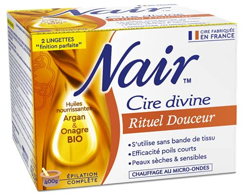 NAIR - Cera rituale dolcezza agli oli di Argan e di Enotera, speciale pelli secche e sensibili, si rimuove senza strisce, barattolo da 400 g + 2 salviettine Finitura Perfetta