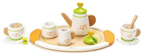 Hape Tea Set for Two Wooden Tea Party Playset , Wooden Pretend Tea Playset for Kids, Kitchen Accessories Kit Includes 2 Cups, Saucers, Spoons and Serving Tray