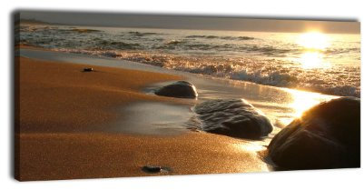 wandmotiv24 Leinwandbild Panorama Nr. 29 Steine am Strand 100x40cm, Keilrahmenbild, Bild auf Leinwand, Kunstdruck Meer Sonne Welle