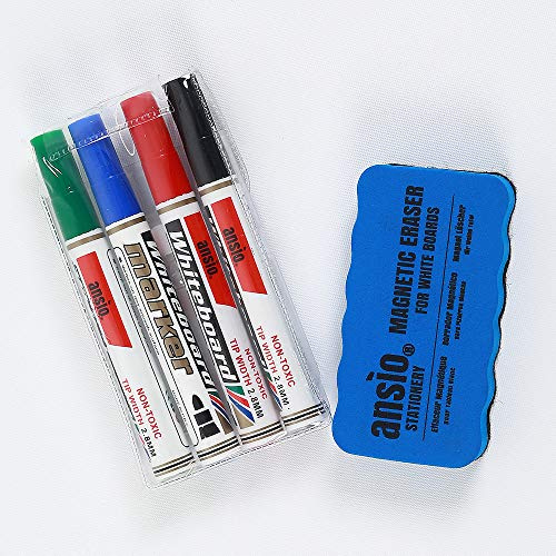 ANSIO Whiteboard Pens, Whiteboard Markers Set with Magnetic Eraser, White Board Markers (White Board Pens Set + Eraser)
