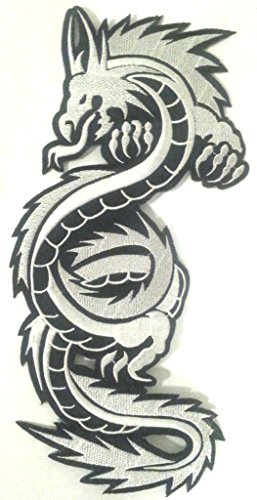 Aufnäher Drache Patches groß für Jacken Kleidung Jeans Stoff Kleidung Bügel-Bild-Flicken-Applikation Aufbügler zum aufbügeln „ Drachen schwarz silber 28 x 12 cm  …