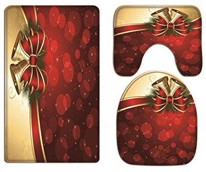 A.Monamour Badezimmer Badematte 3 Teilig Set Red Bokeh Bubble Sterne Band Urlaub Bell Christmas Toilette Deckel Kissen Für Wc-Zubehör Flanell Saugfähig Badteppiche Badvorleger Badgarnitur WC Vorleger