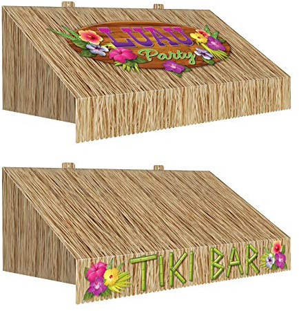 Beistle 3-D Tiki Bar Awning Wall Decorations – 2-Pack Double-Sided Printed Cardstock with Luau and Tropical Designs, Hanging Décor for Hawaiian, Beach, and Island-Themed Parties, 24¾” x 8¾”