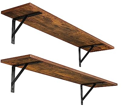 DINZI LVJ Long Wall Shelves, 31.5 Inch Wall Mounted Shelves Set of 2, Easy-to-Install, Wall Storage Ledges with Sturdy Metal Brackets for Living Room, Bathroom, Bedroom, Kitchen, Rustic Brown