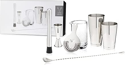 Viski 7 Piece Barware Essentials Set Includes Crystal Mixing Glass, Hawthorne Strainer, Bar Spoon, 2 Boston Shaker Tins, Muddler, and Jigger, Set of 1, Silver