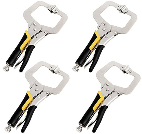 SEUNMUK 4 PCS 11 Inch C Clamp Locking Pliers with Swivel Pads, Heavy Duty Welding Clamps, Locking Clamp Pliers for Woodworking, Gripping and Welding, rubber handle protect
