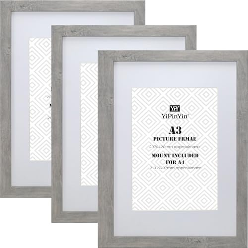 A3 Smoke Grey Wood Photo Frame set of 3,with mount for A4,A3 Picture frames 3 Pack With Perspex Front for Wall Display, A4 frames 3 Pack