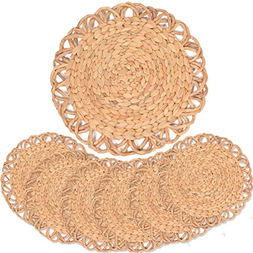 Flower Boho Round Woven Placemats - Set of 6, Water Hyacinth Wicker, Natural, 13.4 in