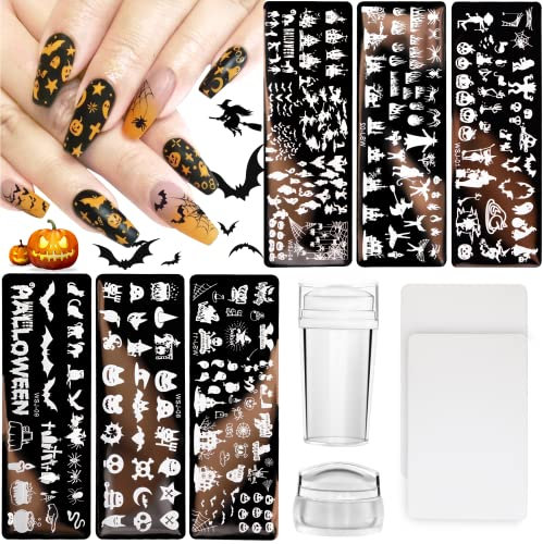 Kit de 10 placas de sello de uñas con 6 plantillas de arte de uñas, 2 selladores, 2 raspadores, calabaza, murciélago, araña, búho para bricolaje, diseño de salón de arte de uñas, estilo Halloween)