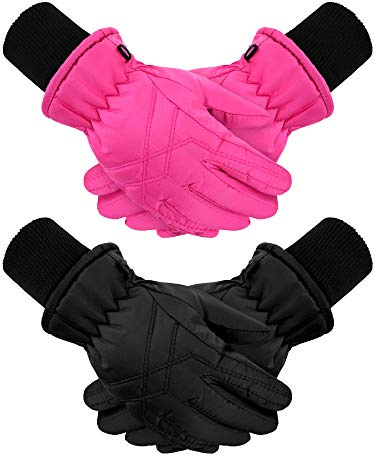 SATINIOR 2 Pairs Winter Kids Ski Gloves Windproof Snowboard Gloves Thermal Snow Warm Mittens for Kids Boys Girls Skiing Cycling Riding (Black, Rose, 8-11 Years)