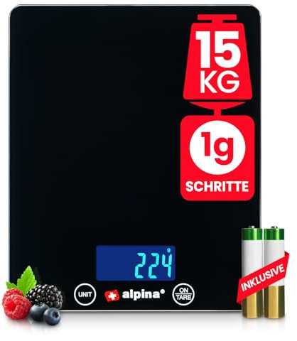 alpina Báscula digital de cocina - hasta 15 kg en incrementos de 1 g - Báscula de cocina digital plana de 22,5 x 18,5 x 2 cm con base de cristal templado - g, kg, ml, oz, fl´oz, lb:oz, lb:oz, negro