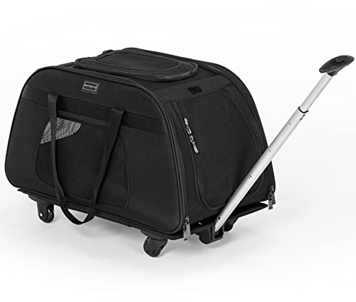 Petsfit Katzentransportbox für Katzen/Hunde, Faltbare Transporttasche mit 4 Rädern Hundetrolley mit verstellbarem Sicherheitsseil & wasserdichtem Boden, ideal für Spaziergänge/Reise, L/Schwarz