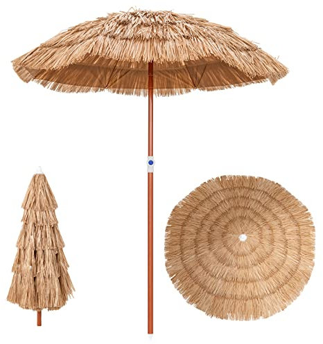 GOPLUS Sombrilla de Playa Hawaiana, Ø 175 cm, Parasol de Paja Inclinable y Altura Ajustable, Sombrilla de Rafia Portátil para Protección UV con Bolsa de Transporte, para Piscina Terraza, sin Base