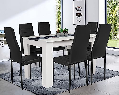 Blisswood Dining Table Set, Dining Table And Chair Set, Pu Leather Dining Room Chairs and 17mm Thick Table Top Long Modern Dining Table Set (White & Black Dining Table And 6 Black Chair)
