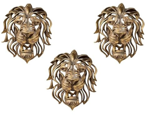 Tauzveok Statue Tête Lion, Art De Décoration Murale Tête d'animal, Sculpture Antique Tête d'animal, Tête Lion Résine 3D pour Oeuvre Maison,Lion 3pcs