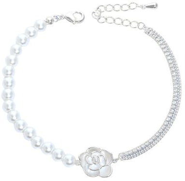 ankbrats 925 Sterling Silber Perlen Armbänder Damen, Kamelie Blume Süßwasserperlen Gold Armkette Frauen, Hypoallergene Vergoldet Perlenarmband für Mädchen (Silber)