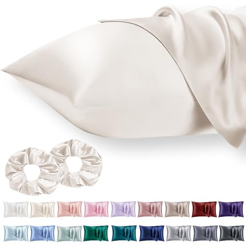 Vielit 2 Pack Satin Pillowcase for Hair and Skin Cooling,Soft as Silk Pillowcase for Hair and Skin,Easier Care than Silk Pillow Case Beige 50x75cm Gifts for Women Envelope & 2 Scrunchies
